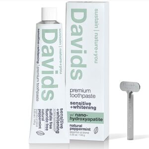 davids nano hydroxyapatite natural toothpaste for remineralizing enamel, sensitive relief & teeth whitening - antiplaque, fluoride free, sls free, peppermint, 5.25oz, made in usa