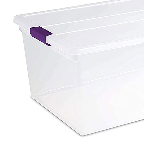 Sterilite 110 Qt ClearView Latch Storage Box, Stackable Bin with Latching Lid, Plastic Container Organize Clothes in Closet, Clear Base, Lid, 16-Pack
