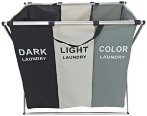 3 section laundry basket for dark, light, and color clothes hamper, collapsible design with carry handle, 26" long x 15" wide x 23.5" tall by sciencepurchase