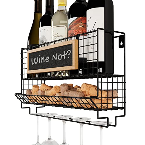 Wall35 Cork Wine Rack Wall Mounted, Wall Wine Bottle Holder with Wine Glass Rack, Wall Mount Wine Holder with Wine Cork Holder, Wall Wine Rack for Wine Bottles and Wine Glass Storage, Black, Metal