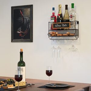 Wall35 Cork Wine Rack Wall Mounted, Wall Wine Bottle Holder with Wine Glass Rack, Wall Mount Wine Holder with Wine Cork Holder, Wall Wine Rack for Wine Bottles and Wine Glass Storage, Black, Metal