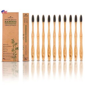 bamboo aesthetic toothbrush wood set of 10 | ultra soft bristles | black charcoal infused | american brand | upgrade hygiene & reduce waste | brushes teeth care | earth friendly | plant based