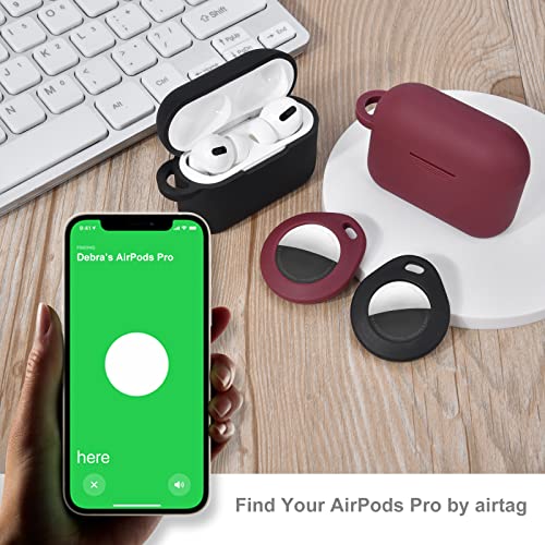 AIRSPO Compatible with Airpods Pro Case and AirTag Case Cover with Keychain Silicone Protective Skin Cover with Keychain（Burgundy）