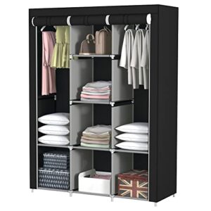 ghqme fabric wardrobe portable clothes closet storage organizer with compartments and rods (black without drawer, 49.2” x 17.3” x 63.8”)