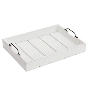 Rustic Wooden Serving Tray with Metal Handles for Coffee Table, Farmhouse Home Decor (White, 16.3 x 11.6 x 3.25 in)