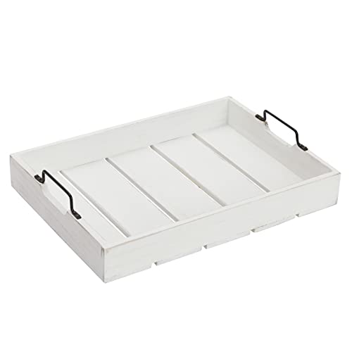 Rustic Wooden Serving Tray with Metal Handles for Coffee Table, Farmhouse Home Decor (White, 16.3 x 11.6 x 3.25 in)