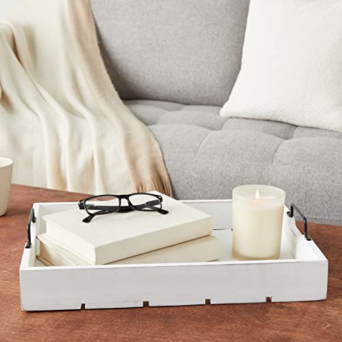 Rustic Wooden Serving Tray with Metal Handles for Coffee Table, Farmhouse Home Decor (White, 16.3 x 11.6 x 3.25 in)