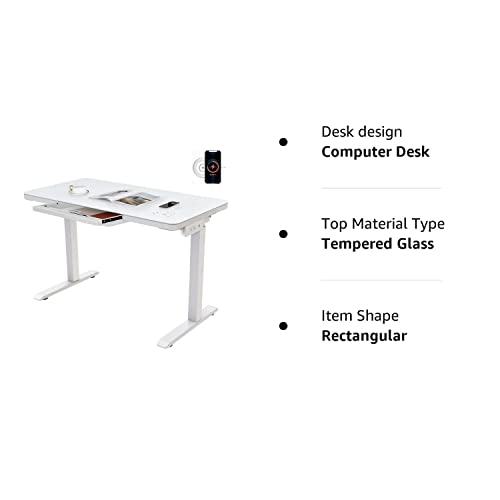 AIMEZO Standing Desk with Drawer Ergonomic Tempered Glass Electric Sit-Stand Height Adjustable Computer Workstation,with Touchscreen Controller&Wireless Charging &USB Port& Power Strip