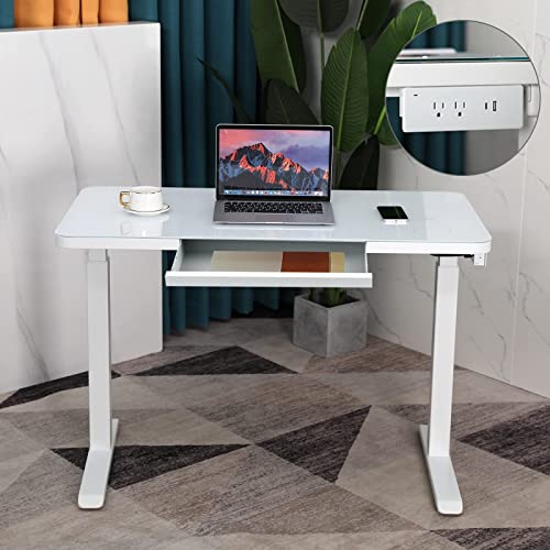 AIMEZO Standing Desk with Drawer Ergonomic Tempered Glass Electric Sit-Stand Height Adjustable Computer Workstation,with Touchscreen Controller&Wireless Charging &USB Port& Power Strip