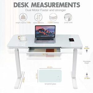 AIMEZO Standing Desk with Drawer Ergonomic Tempered Glass Electric Sit-Stand Height Adjustable Computer Workstation,with Touchscreen Controller&Wireless Charging &USB Port& Power Strip