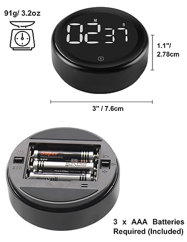 BRAPILOT Digital Kitchen Timer for Cooking, 3" Round Classroom Coundown Silent Timer Stopwatch for Gym Kids, Magnetic, Adjustable Alarm Volume, Count up, LED Display