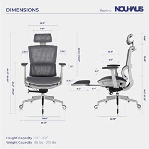 Nouhaus Rewind Ergonomic Office Chair with Footrest and Lumbar Support. Swivel Computer Chair, Rolling Home Office Desk Chairs with Wheels, Mesh High Back Task Chair, Comfortable Office Chair (Grey)