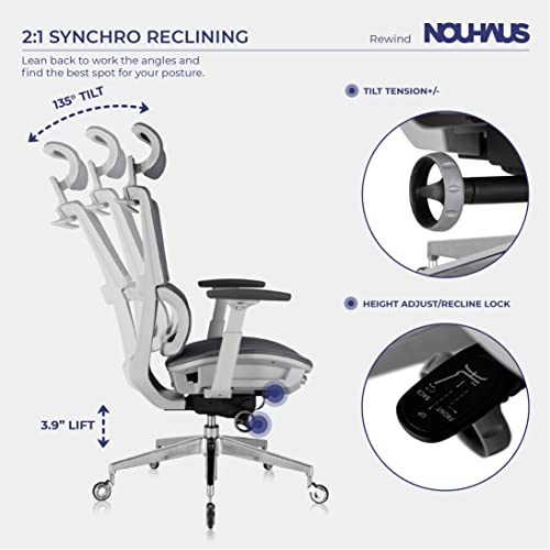 Nouhaus Rewind Ergonomic Office Chair with Footrest and Lumbar Support. Swivel Computer Chair, Rolling Home Office Desk Chairs with Wheels, Mesh High Back Task Chair, Comfortable Office Chair (Grey)