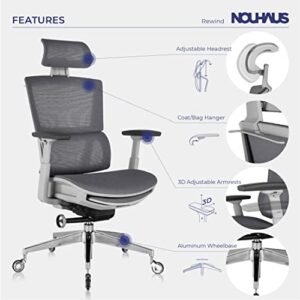 Nouhaus Rewind Ergonomic Office Chair with Footrest and Lumbar Support. Swivel Computer Chair, Rolling Home Office Desk Chairs with Wheels, Mesh High Back Task Chair, Comfortable Office Chair (Grey)