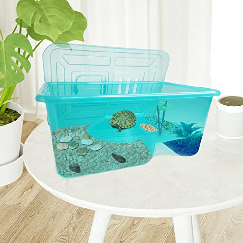 Fhiny Turtle Tank Aquarium, Plastic Turtle Habitat with Platform Plants Breeding Box with Lid Basking Platform Terrapin Lake Prevent Climbing Escaping for Tortoise Crayfish Crab (Small)