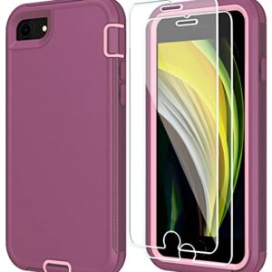 ONOLA iPhone SE 2022 Case with Tempered Glass Screen Protector [2 Packs], Shockproof Dustproof for iPhone SE 2022 3rd Gen/2020 2nd Gen (4.7-inch) in WineRed-Pink.