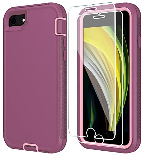 ONOLA iPhone SE 2022 Case with Tempered Glass Screen Protector [2 Packs], Shockproof Dustproof for iPhone SE 2022 3rd Gen/2020 2nd Gen (4.7-inch) in WineRed-Pink.