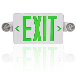 ostek green exit sign with emergency exit lights, 2 adjustable head lights, double face and 90min long backup battery, abs fire safety emergency exit light (ul certified 120-277v)(ul 94v-0)