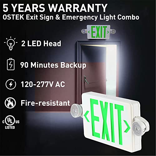 OSTEK Green Exit Sign with Emergency Exit Lights, 2 Adjustable Head Lights, Double Face and 90min Long Backup Battery, ABS Fire Safety Emergency Exit Light (UL Certified 120-277V)(UL 94V-0)