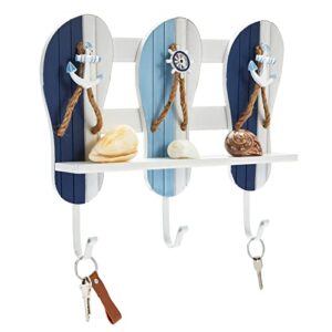 Okuna Outpost Nautical Hooks with Shelf, Decorative Beach Slippers, Wall Hanging Decor with 3 Hooks (13 x 3 x 11 Inches)