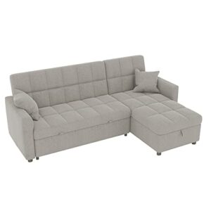 sectional sleeper sofa couch with pull out bed, sofa bed with storage chaise for living room, convertible l-shaped couch 3 seat with pillows (grey)