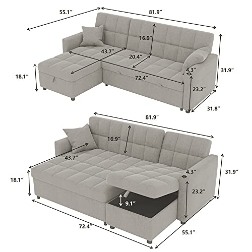 Sectional Sleeper Sofa Couch with Pull Out Bed, Sofa Bed with Storage Chaise for Living Room, Convertible L-Shaped Couch 3 Seat with Pillows (Grey)