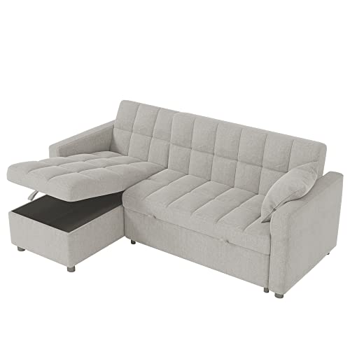 Sectional Sleeper Sofa Couch with Pull Out Bed, Sofa Bed with Storage Chaise for Living Room, Convertible L-Shaped Couch 3 Seat with Pillows (Grey)