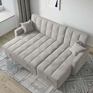 Sectional Sleeper Sofa Couch with Pull Out Bed, Sofa Bed with Storage Chaise for Living Room, Convertible L-Shaped Couch 3 Seat with Pillows (Grey)