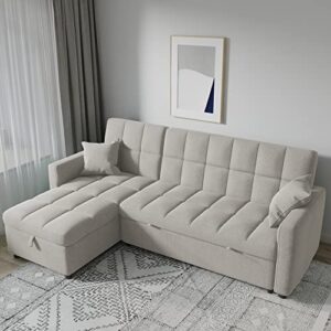 Sectional Sleeper Sofa Couch with Pull Out Bed, Sofa Bed with Storage Chaise for Living Room, Convertible L-Shaped Couch 3 Seat with Pillows (Grey)