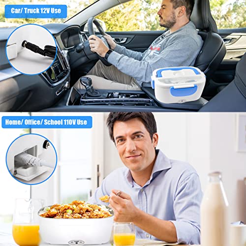 Electric Lunch Box Food Heater, Leak Proof Portable Food Warmer, 3-In-1 Lunch Heating Microwave for Car/Truck/Home, Removable 304 Stainless Steel Container 1.5L, SS Fork & Spoon and Carry Bag, Blue