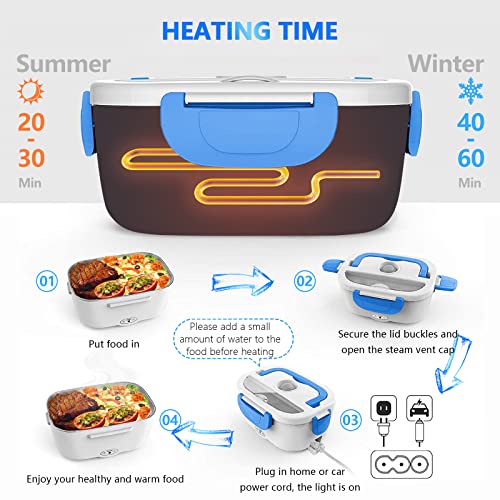 Electric Lunch Box Food Heater, Leak Proof Portable Food Warmer, 3-In-1 Lunch Heating Microwave for Car/Truck/Home, Removable 304 Stainless Steel Container 1.5L, SS Fork & Spoon and Carry Bag, Blue