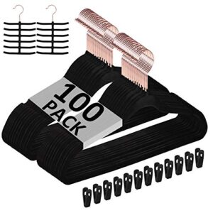 vecelo premium velvet clothes hangers suit heavy duty (100 pack)-non slip & space-saving with 12 finger clips & 2tie rack excellent for men and women,black