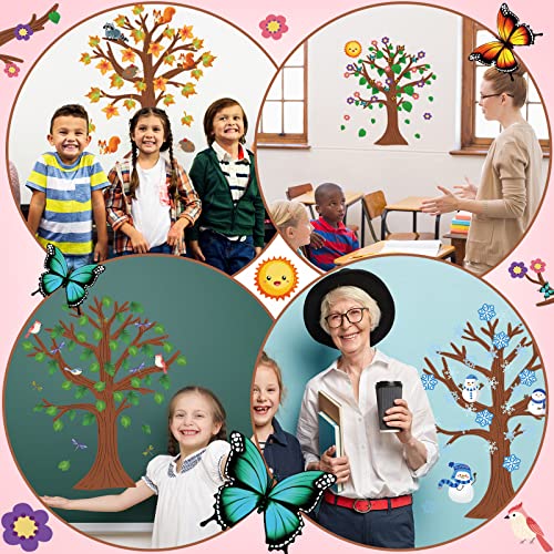 168 Pieces Classroom Tree Bulletin Board Set Seasonal Tree Winter Fall Spring Summer Tree Decor Family Tree Board Tree Classroom Tree with Seasonal Cutouts for Back to School Classroom Decor