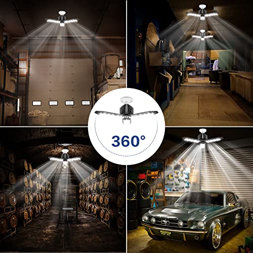 Garage Light - 2 Pack - 8000LM Glare-Free 360° Illuminator 60W 6500K Deformable Garage E26/E27 LED Light for Basements, Barn, Farmhouse and Attics