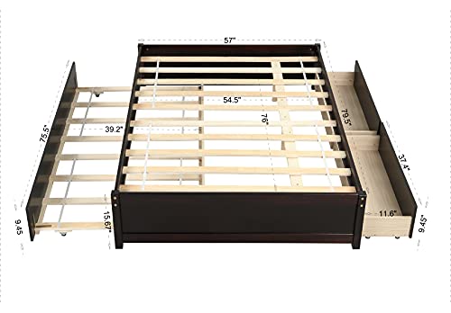 Full Size Bed Frame with Trundle and Storage, Platform Bed with Solid Wood Slat Support, Full Bed Frame with Twin Size Trundle Bed ＆ 2 Storage Drawers, Noise Free, No Box Spring Needed (Espresso)