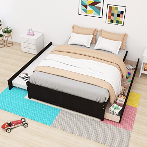 Full Size Bed Frame with Trundle and Storage, Platform Bed with Solid Wood Slat Support, Full Bed Frame with Twin Size Trundle Bed ＆ 2 Storage Drawers, Noise Free, No Box Spring Needed (Espresso)