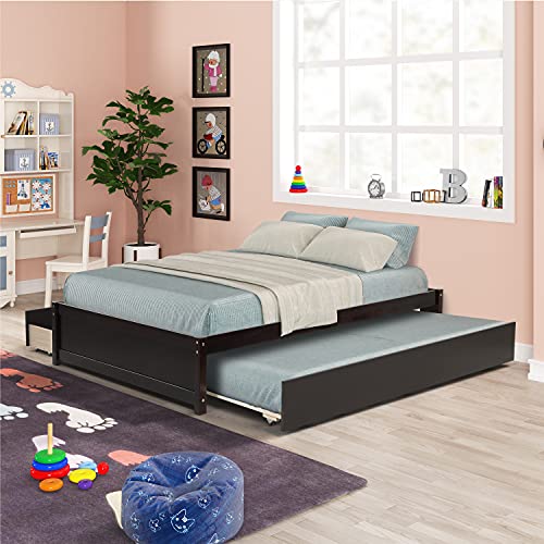 Full Size Bed Frame with Trundle and Storage, Platform Bed with Solid Wood Slat Support, Full Bed Frame with Twin Size Trundle Bed ＆ 2 Storage Drawers, Noise Free, No Box Spring Needed (Espresso)