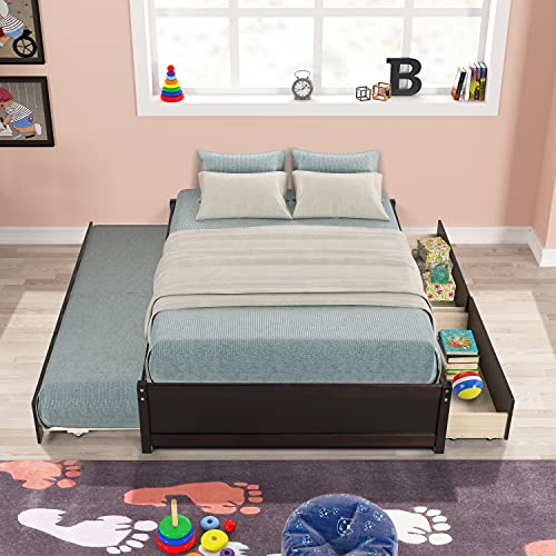 Full Size Bed Frame with Trundle and Storage, Platform Bed with Solid Wood Slat Support, Full Bed Frame with Twin Size Trundle Bed ＆ 2 Storage Drawers, Noise Free, No Box Spring Needed (Espresso)