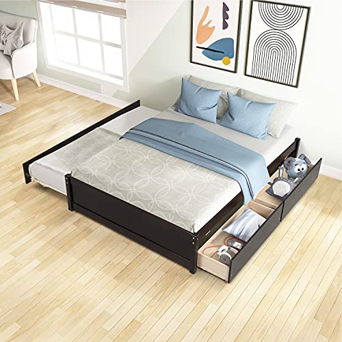 Full Size Bed Frame with Trundle and Storage, Platform Bed with Solid Wood Slat Support, Full Bed Frame with Twin Size Trundle Bed ＆ 2 Storage Drawers, Noise Free, No Box Spring Needed (Espresso)