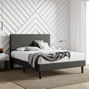 imusee queen size bed frame, upholstered bed frame with geometric headboard, heavy duty mattress foundation with wooden slats, easy assembly, dark grey