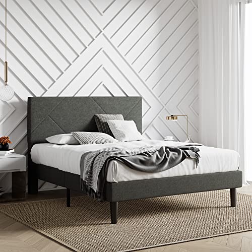 IMUsee Queen Size Bed Frame, Upholstered Bed Frame with Geometric Headboard, Heavy Duty Mattress Foundation with Wooden Slats, Easy Assembly, Dark Grey