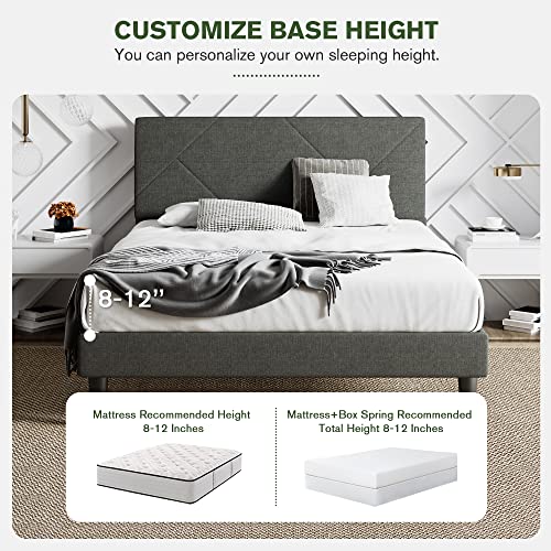 IMUsee Queen Size Bed Frame, Upholstered Bed Frame with Geometric Headboard, Heavy Duty Mattress Foundation with Wooden Slats, Easy Assembly, Dark Grey