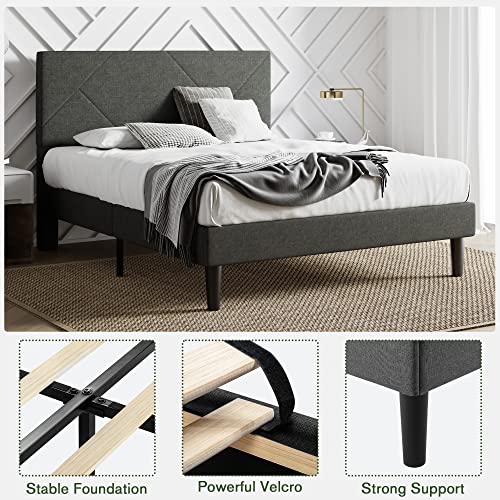 IMUsee Queen Size Bed Frame, Upholstered Bed Frame with Geometric Headboard, Heavy Duty Mattress Foundation with Wooden Slats, Easy Assembly, Dark Grey