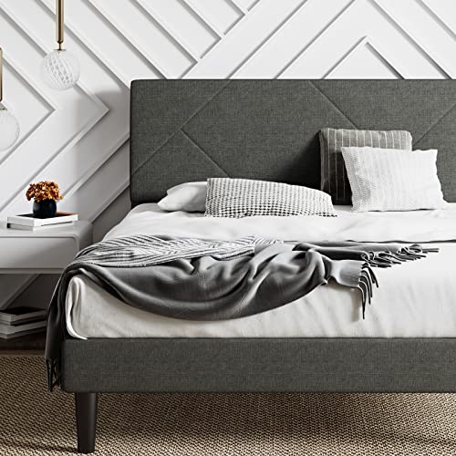 IMUsee Queen Size Bed Frame, Upholstered Bed Frame with Geometric Headboard, Heavy Duty Mattress Foundation with Wooden Slats, Easy Assembly, Dark Grey