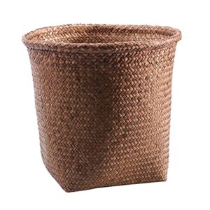 yarnow straw woven wastebasket round wicker garbage container bin dried flower bucket rattan waste basket for bathrooms kitchens home offices