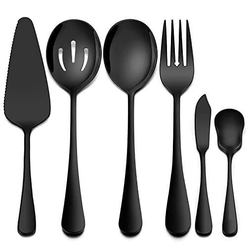 Homikit 6 Pieces Black Serving Utensils, Modern Stainless Steel Serving Hostess Set with Serving Spoons, Serving Fork, Pie Server, Butter Knife, Ice Cream Spoon, Shiny Mirror Polished, Dishwasher Safe