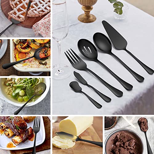 Homikit 6 Pieces Black Serving Utensils, Modern Stainless Steel Serving Hostess Set with Serving Spoons, Serving Fork, Pie Server, Butter Knife, Ice Cream Spoon, Shiny Mirror Polished, Dishwasher Safe