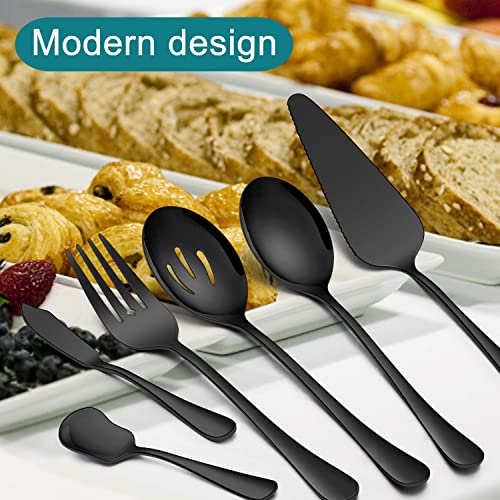 Homikit 6 Pieces Black Serving Utensils, Modern Stainless Steel Serving Hostess Set with Serving Spoons, Serving Fork, Pie Server, Butter Knife, Ice Cream Spoon, Shiny Mirror Polished, Dishwasher Safe