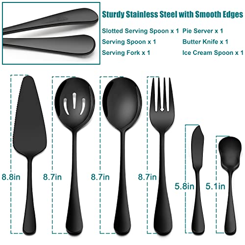 Homikit 6 Pieces Black Serving Utensils, Modern Stainless Steel Serving Hostess Set with Serving Spoons, Serving Fork, Pie Server, Butter Knife, Ice Cream Spoon, Shiny Mirror Polished, Dishwasher Safe