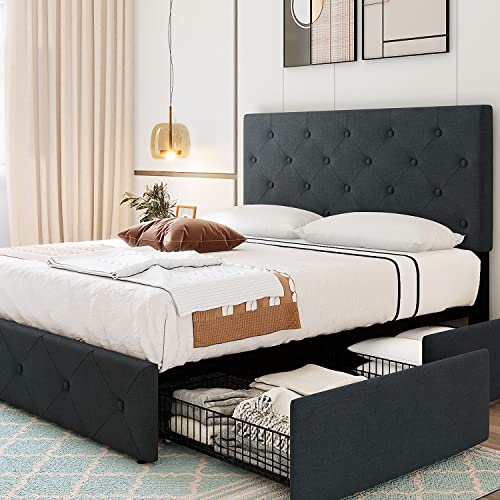 Allewie Queen Platform Bed Frame with 4 Storage Drawers & Adjustable Height Headboard, Fabric Diamond Button Tufted Design, Wooden Slats, No Box Spring Needed, Dark Grey